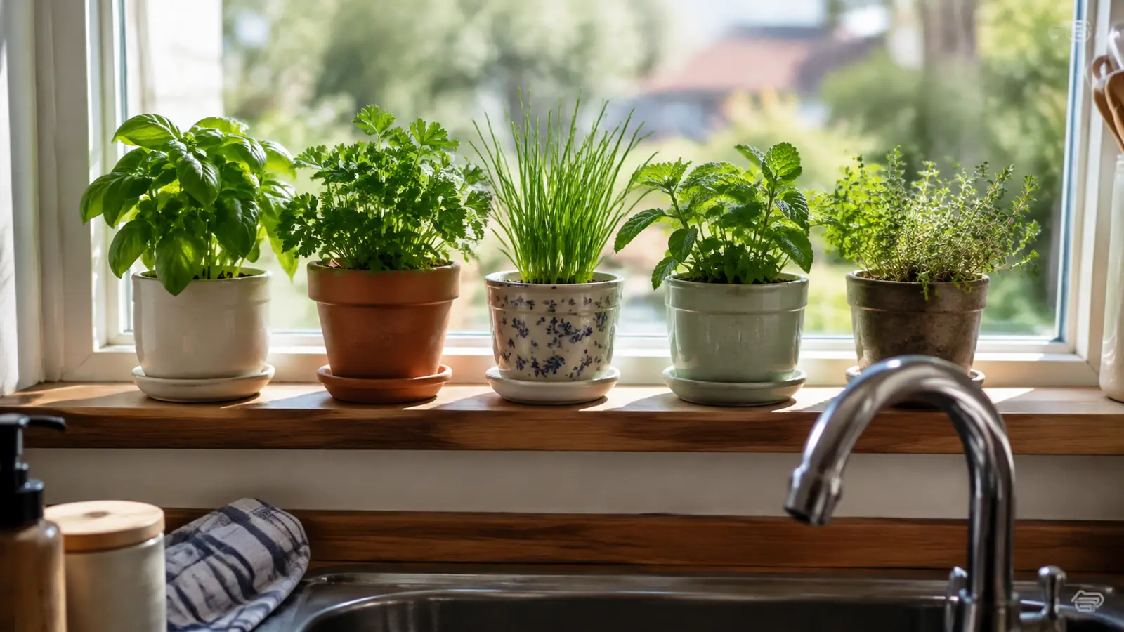 A row of small pots with young herb seedlings on a windowsill above a kitchen sink