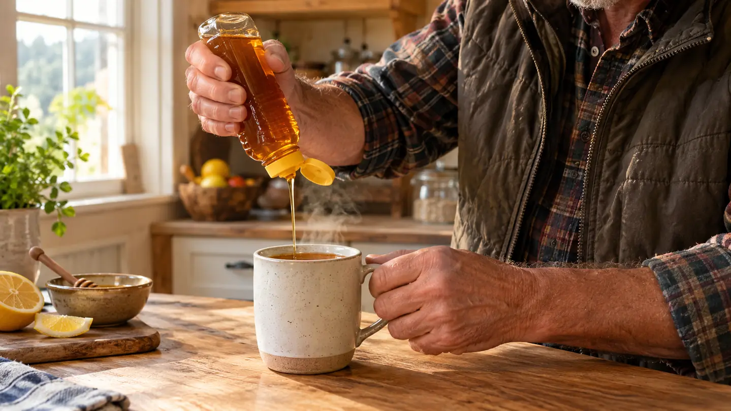 A hand drizzling honey from a squeeze bottle into a mug of tea on a kitchen counter