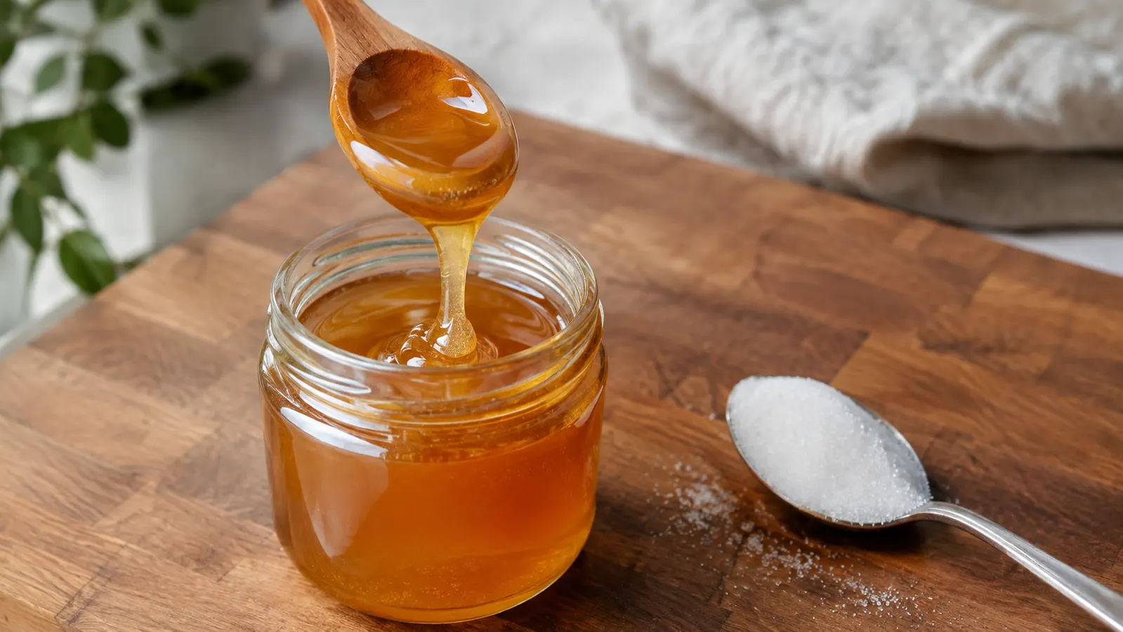 A wooden spoon lifting honey from a small jar, with a spoonful of white sugar beside it on the counter