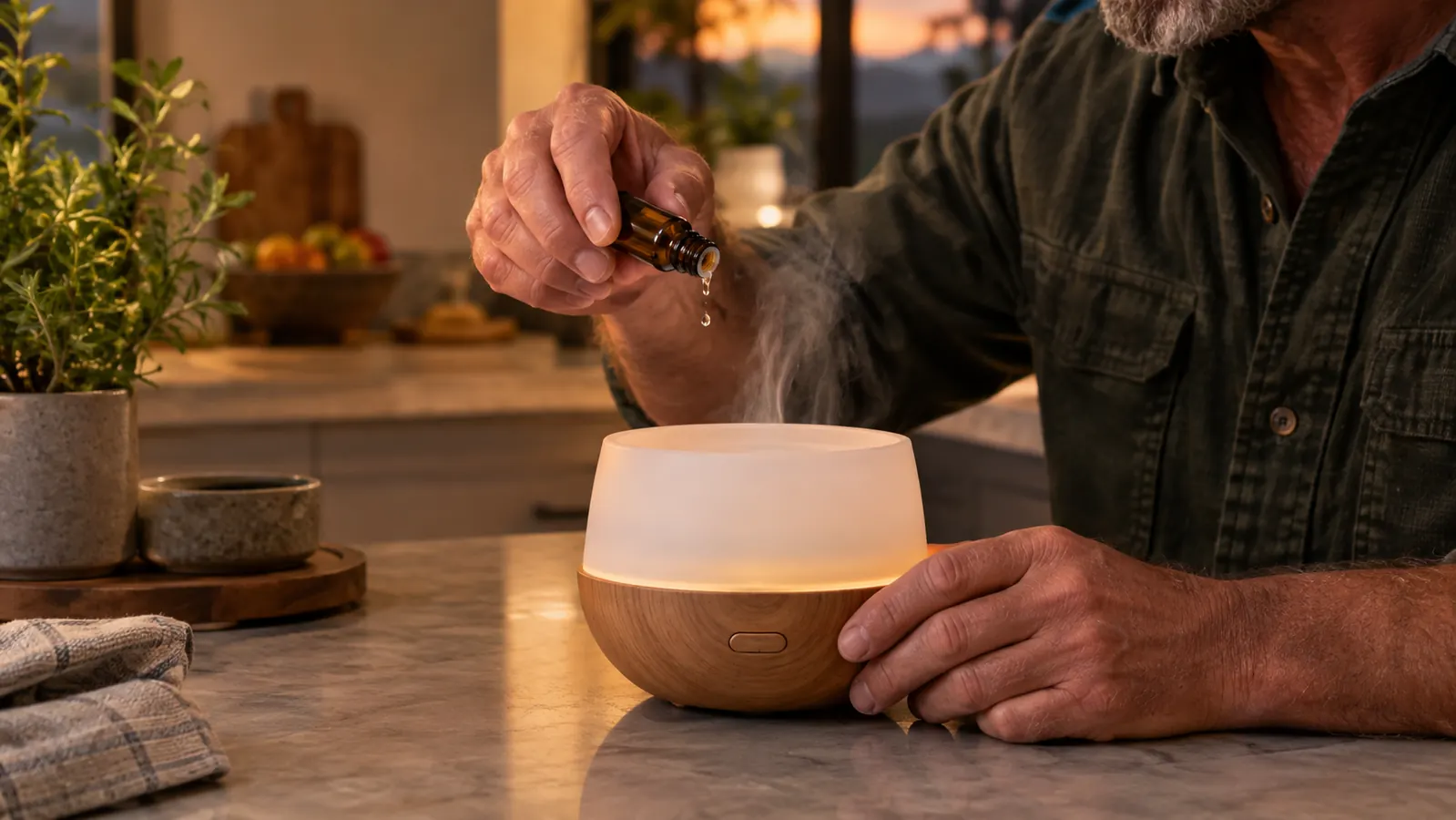A hand adds essential oil drops to a diffuser on a kitchen counter
