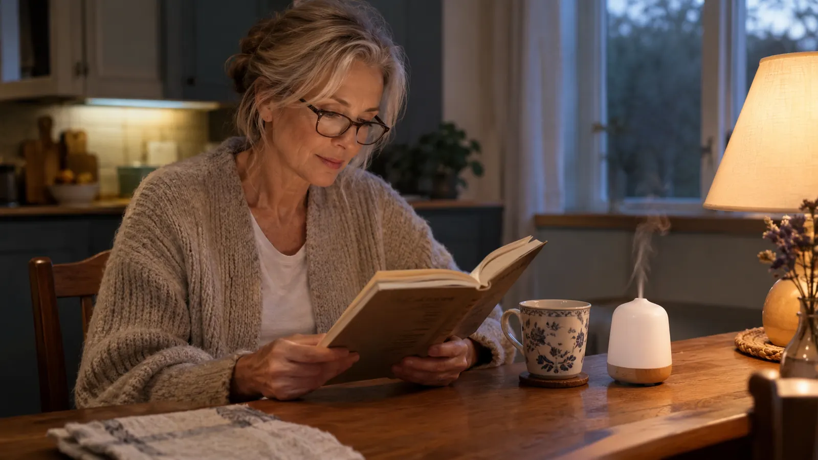 A woman in her sixties reads at a wooden table beside a small diffuser and a mug of tea