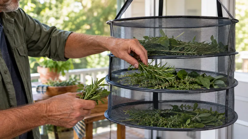 Hands placing freshly cut herb sprigs into the mesh layers of a hanging drying rack.