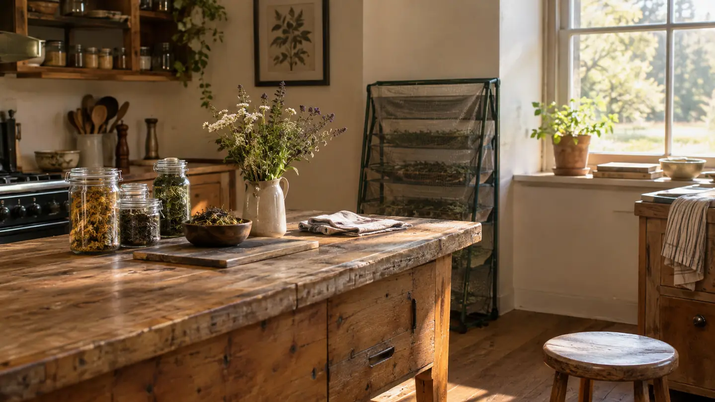 A farmhouse kitchen table with glass jars of dried herbs and a folded mesh drying rack leaning against the wall.