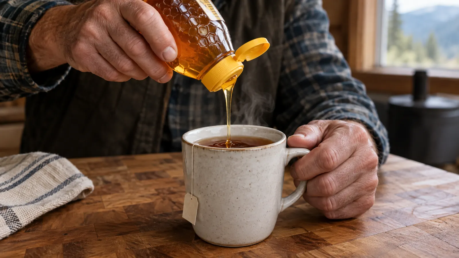 A hand holding a squeeze bottle of honey over a steaming mug of tea at a wooden kitchen table