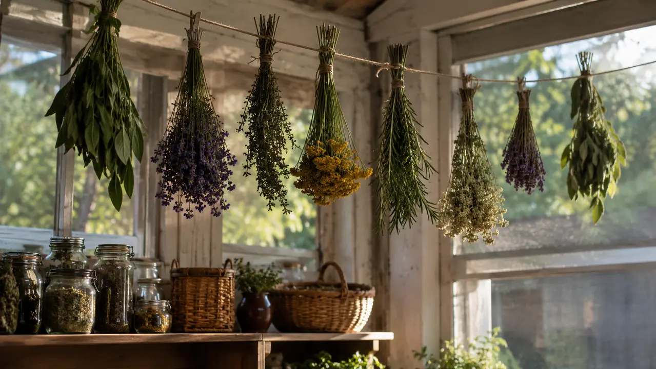 Dried herbs hanging on an enclosed back porch beside jars and baskets