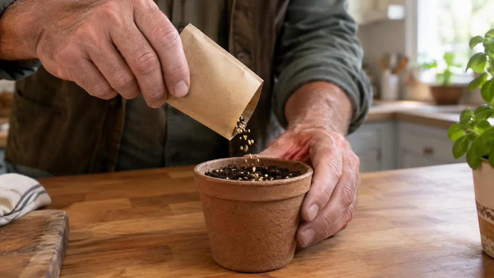 A hand sprinkling seeds into a small pot on a kitchen counter