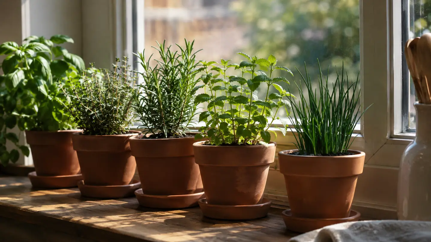 A tray of small herb pots with green sprouts lined up on a windowsill